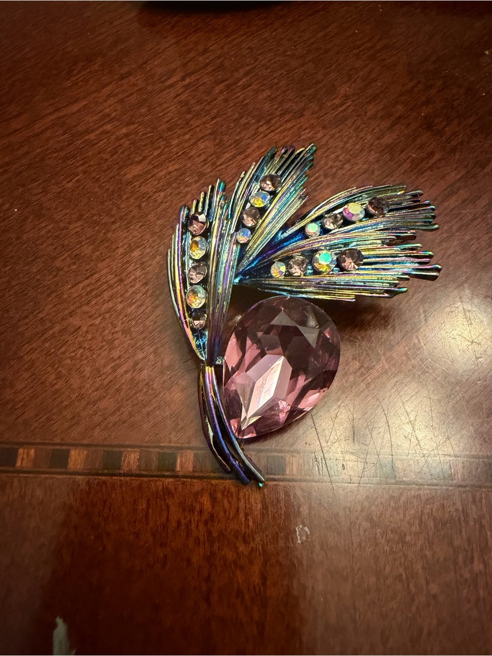Iridescent Feather Brooch with Pink Teardrop Crystal